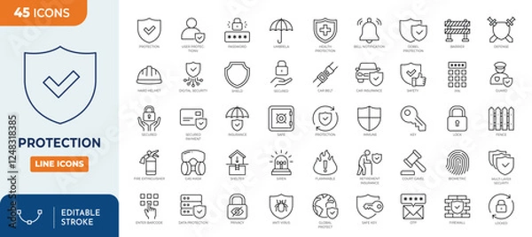 Fototapeta Protection icon set. Containing security, safe, shield, lock, alarm, umbrella, guard, fence and more. Outline Icon Collection. Vector illustration. Editable stroke