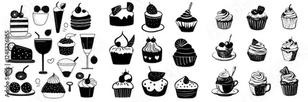 Fototapeta Delicious display of hand-drawn desserts and treats with cakes, cupcakes, and beverages in various styles
