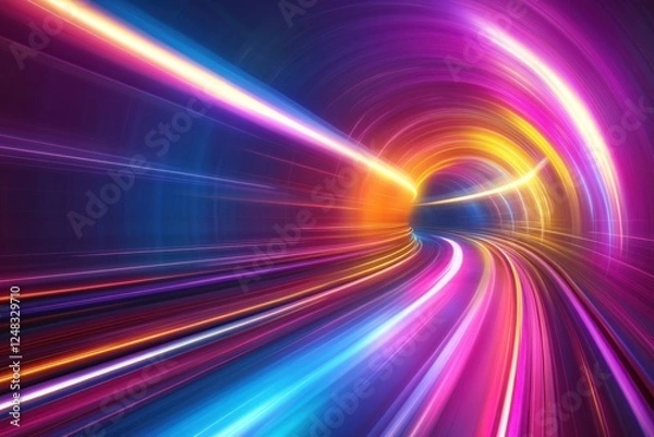 Fototapeta Colorful neon lights form a dynamic tunnel effect, showcasing vibrant motion and energy with a futuristic and abstract design