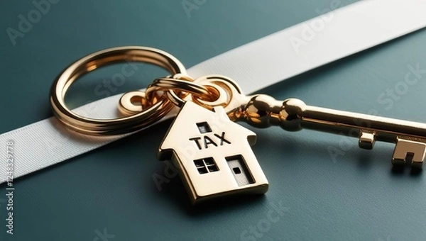 Obraz A golden keychain with a house-shaped tag labeled "TAX," symbolizing homeownership and tax responsibilities.