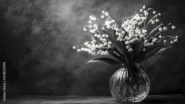 Fototapeta An exquisite arrangement of Lily of the Valley flowers stands tall in a delicate vase, captured in a 16:8 aspect ratio, showcasing the elegance and purity of this timeless bloom.
