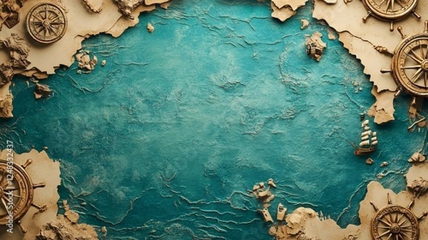 Obraz Antique map, ocean voyage, compass, ship, travel background