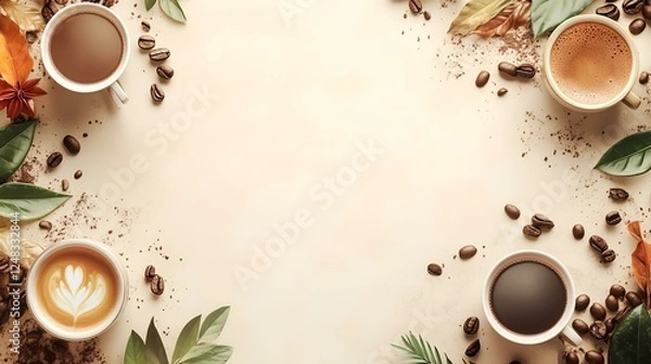 Obraz Autumn coffee drinks flatlay;  leaves, beans, cream art; blank space for text; cozy fall beverage menu