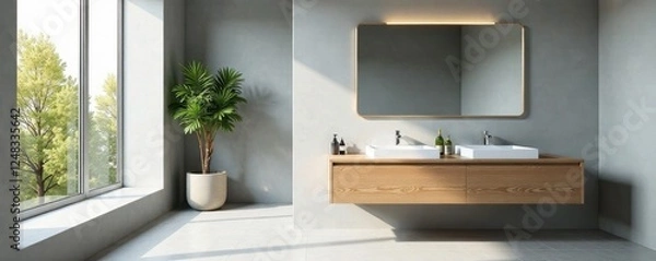 Obraz Spacious bathroom with copy space on vanity; grey walls, natural light, floating vanity, room, style