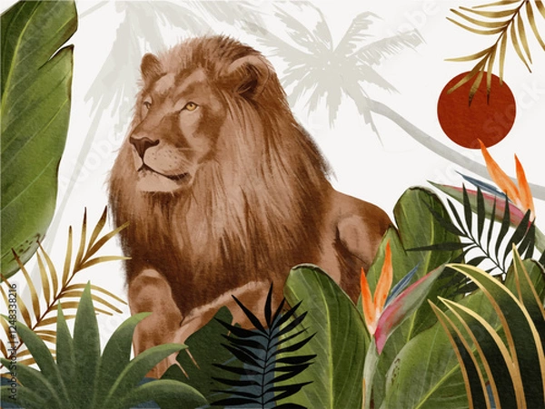 Fototapeta tropical jungle lion banana leaves strelitzia and flowers watercolor illustration on white background wallpaper