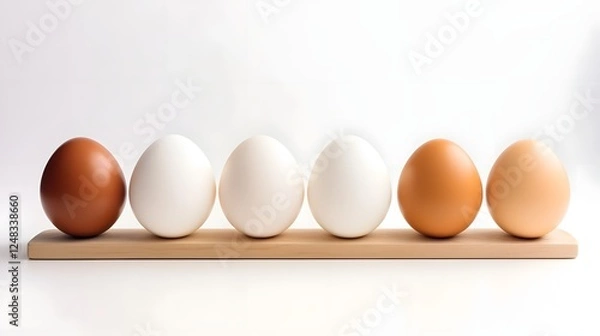 Fototapeta Perfectly aligned and symmetrical arrangement of fresh eggs in a row on a clean pure white background