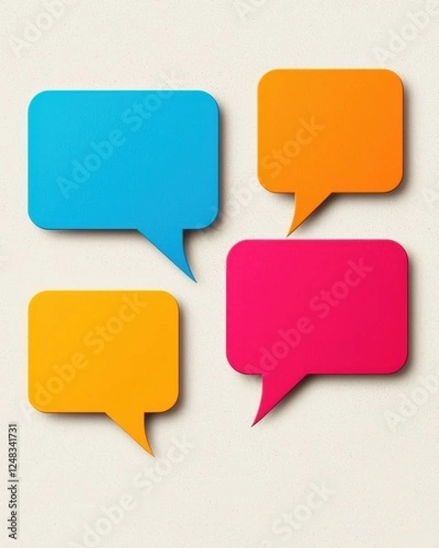 Obraz Colorful speech bubbles in various shapes and sizes, set against a light background, representing communication and dialogue.