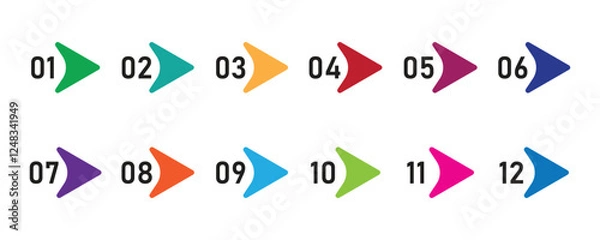Obraz Arrow direction colorful number bullet points from one to twelve. Creative vector illustration of number bullet points set 1 to 12 isolated on white background.