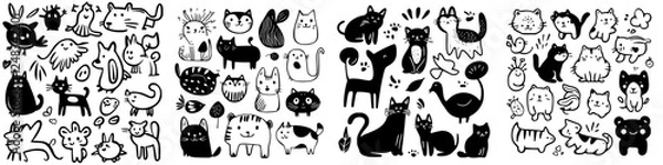 Fototapeta Collection of playful animal sketches featuring various cats, dogs, and birds displayed in a whimsical design