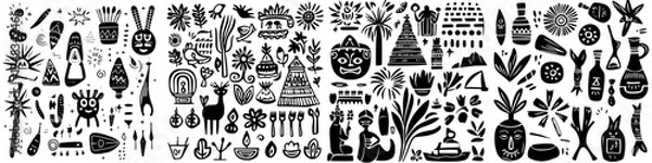 Fototapeta Decorative mural featuring various cultural symbols, plants, and objects in a lively arrangement with a rich artistic style