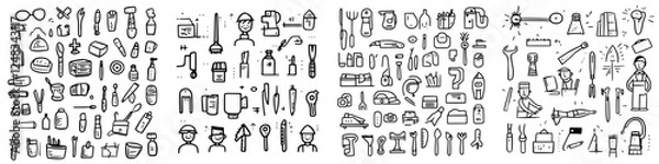 Fototapeta Hand-drawn collection of everyday tools and objects displayed in a creative pattern for design inspiration