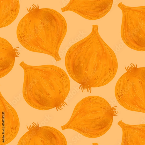 Fototapeta Raster pattern with onions on a beige background. Modern fashion illustration for cafes, restaurants, menus, fabrics, websites