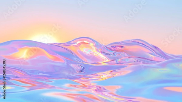 Fototapeta A whimsical composition of fluid, rolling waves in glossy pastel shades, reflecting the warm rays