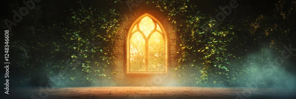 Obraz A warm scene of a courtyard with dense ivy draping the walls, complemented by a glowing abstract