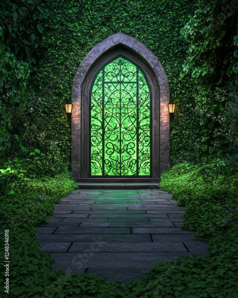 Fototapeta A dreamy courtyard setting with green ivyâ€“clad walls, accented by an illuminated abstract window