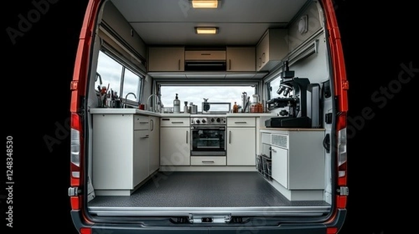 Fototapeta Mobile Coffee Lab: A Red Van Transformed into a Fully Equipped Espresso Bar