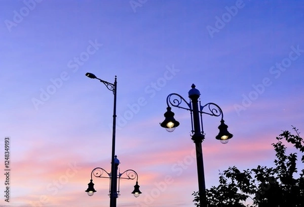 Fototapeta low angle view of illuminated street lights against sky
