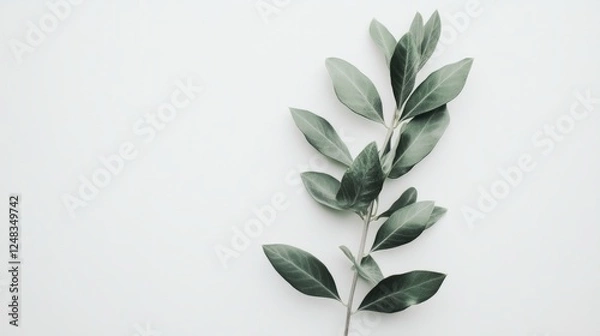 Obraz A single olive branch with soft, earthy green leaves, carefully arranged on a bright white background, symbolizing harmony and serenity.