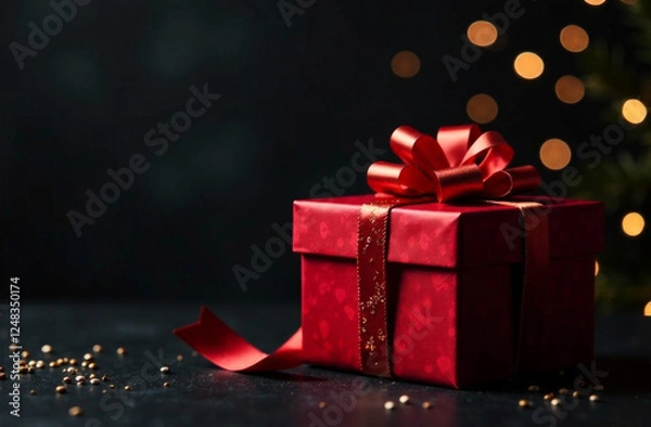 Fototapeta Red gift box with red ribbon on dark background with bokeh. Birthday. Valentine's Day. Holiday concept. Copy space. Sale.