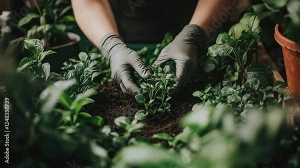 Fototapeta Hands in Garden Soil Planting New Seedlings with Care and Precision