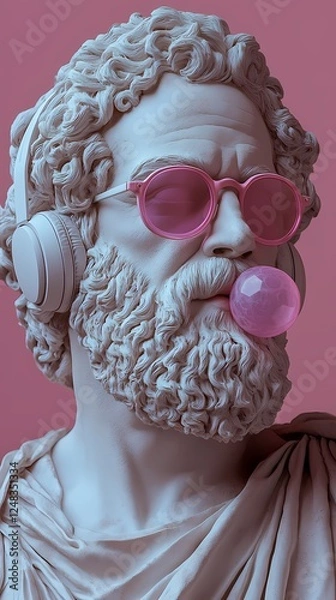 Fototapeta Classical statue with modern accessories enjoys bubble gum in vibrant setting