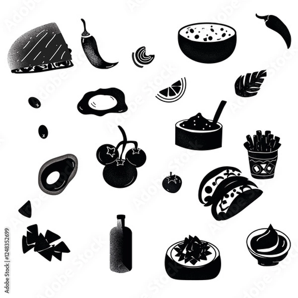 Fototapeta Mexican cuisine and food in flat graphics black and white graphics on a white background. a simple illustration of food