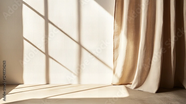 Fototapeta Beige curtains with soft light and shadow play in a minimalistic interior design, featuring natural textures, cozy ambiance, and a serene atmosphere for modern home decor and creative projects.