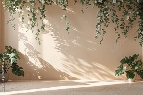 Fototapeta Sophisticated Soft Beige Background with Delicate Foliage Reflections for Stylish Presentations