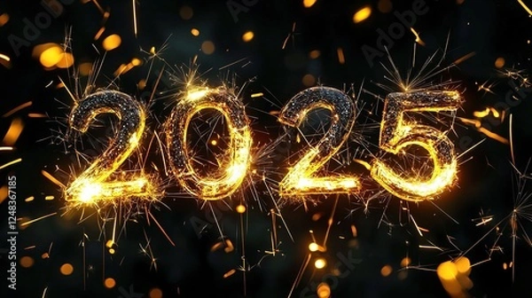Fototapeta  "2025" written with sparklers on a black background, creating a dazzling display of light, symbolizing the celebration of the New Year and the excitement of new beginnings.

