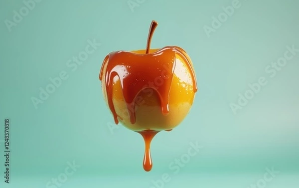 Fototapeta Floating caramel apple with sticky glaze dripping, hovering on a pastel green background