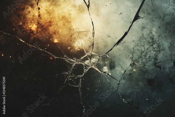 Fototapeta Cracked glass pane with jagged edges representing breaking points and frustration in an emotional, moody setting. Generative AI