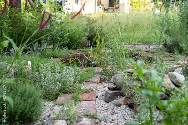 Fototapeta Herb Garden with Brick Path and Mini Pond / Natural garden design with herb beds featuring brick pathway, gravel borders and small metal water basin / Natural Garden Design