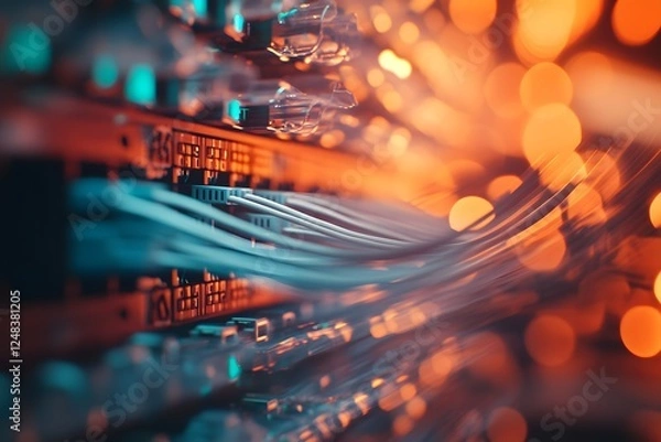 Fototapeta Server room cables connect, glowing lights background, data transfer