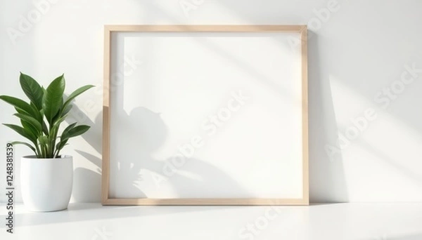 Fototapeta Blank minimalist frame, white wall background , blank space, product mockup