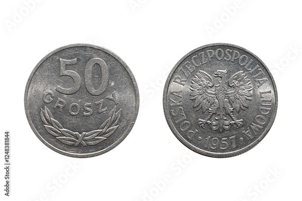 Obraz Coin 50 Groszy 1957. Монета of Poland. Coin 50 groszy 1957 Obverse and Reverse on white background