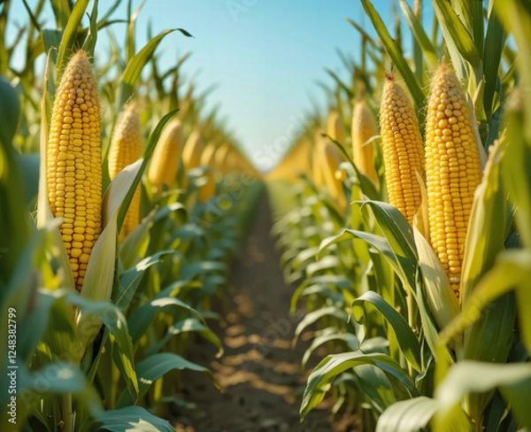 Fototapeta A furrow with a rich crop of corn with many ripe yellow ears of corn
