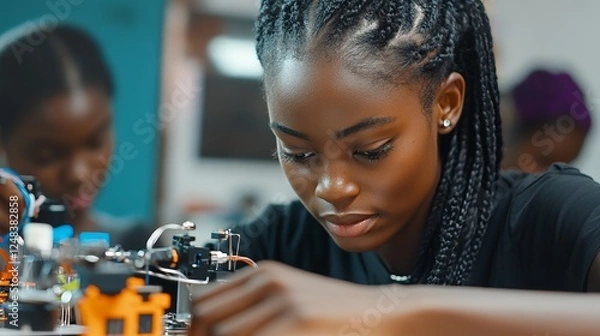 Fototapeta Young African American Woman Collaborating with Team in Innovative Technology Workshop Setting