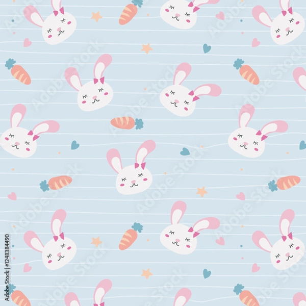Fototapeta Seamless pattern with bunny rabbit cartoons, cute flower and carrot on stripped background. Rabbit face icon sign vector.