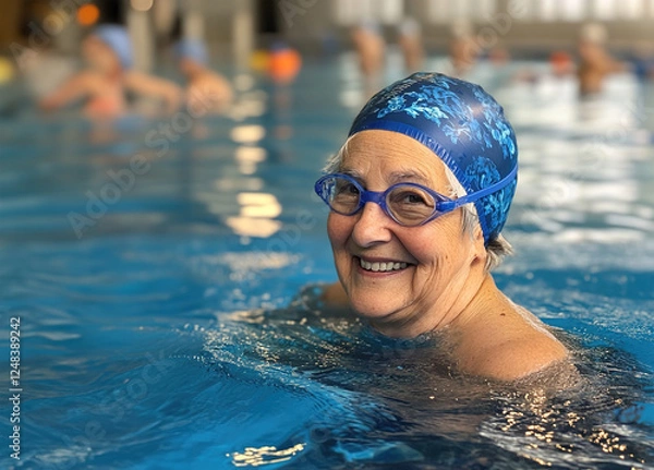 Fototapeta A woman in a blue swim cap and goggles is smiling in a pool
