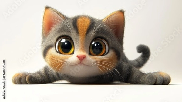 Fototapeta A 3D cartoon cat with big eyes, stretching playfully on a white background