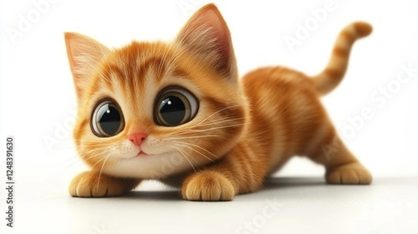 Fototapeta A 3D cartoon cat with big eyes, stretching playfully on a white background