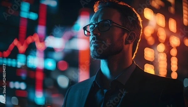 Fototapeta Modern Business Expert Looking at Glowing Market Data at Night

