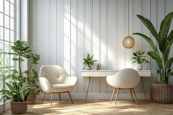Fototapeta Modern office room with light gray vertical striped wallpaper, wooden floor, white desk, and space for product or text.