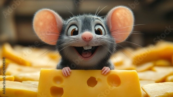 Fototapeta A 3D cartoon mouse with large ears and a cute smile, peeking from behind a cheese wedge on a white background.