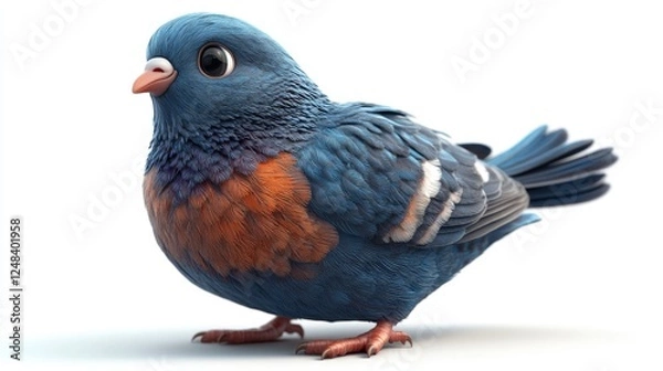 Obraz A 3D cartoon pigeon with a round body and cheerful look, perched on a white background