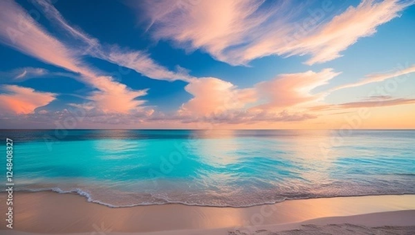 Fototapeta The sky is filled with clouds and the ocean is calm. The sun is setting, creating a beautiful and serene atmosphere