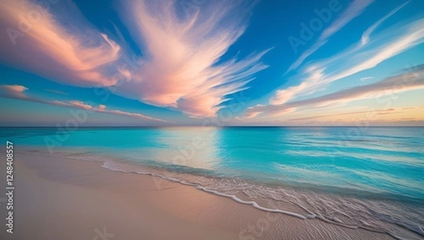 Obraz Beautiful beach scene with a blue ocean and a pink and white sky. The sky is filled with clouds, creating a serene and peaceful atmosphere. The water is calm, and the beach is empty