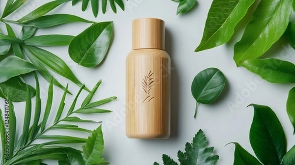 Fototapeta A bamboo container surrounded by various green leaves on a white background