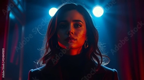 Fototapeta Woman with long dark hair and red lips stands in front of a red curtain. The lighting is dim and the room is dark