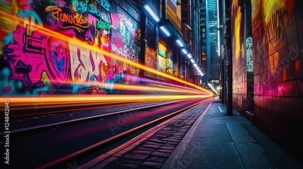 Fototapeta City night street light trails graffiti art
